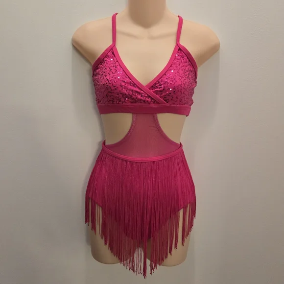 WEISSMAN sequin criss-cross dance leotard bright pink fringe skirt costume Sz Sm - Picture 2 of 8